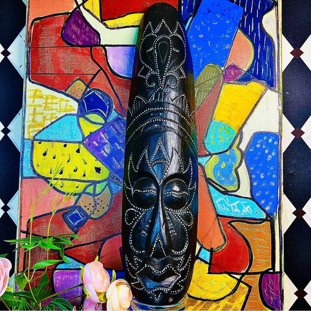 Long African Carved Wood Mask, Vintage Primitive Tribal Rustic Wall Art 19.5”